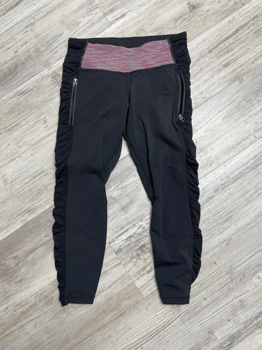 Lululemon Leggings Black Pink White Stripe Ruched Mesh Cropped