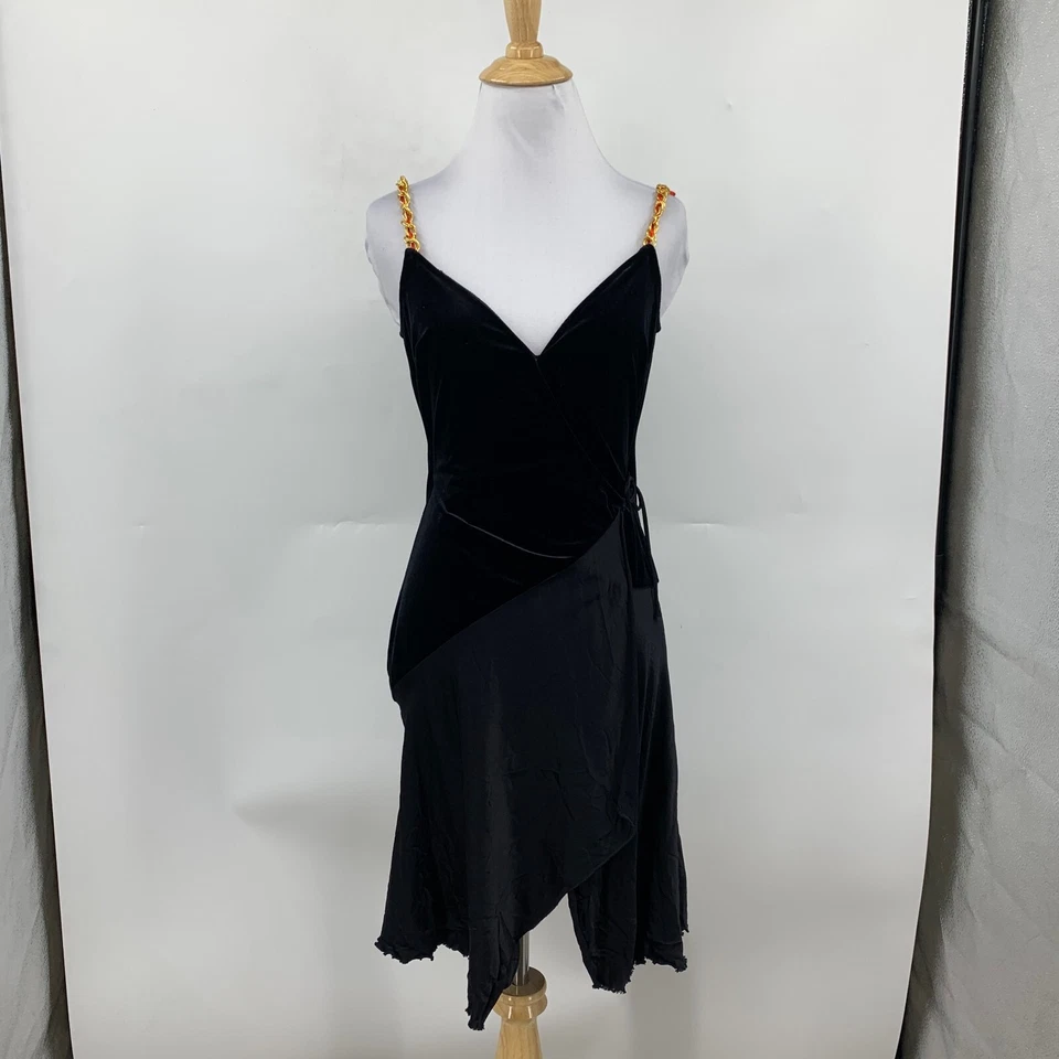 Vestido Bebe vintage para mujer pequeño negro terciopelo dorado cadena correa envoltura asimétrica Foto 2 de 4