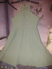 Doe &Rae Anthropology Sage Green Dress Key Hole Knitted Lace LRG Pockets Lined