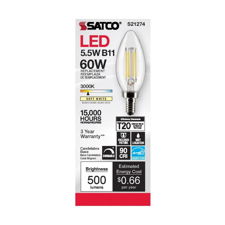 Satco S21274 - 5.5 Watt B11 LED E12 Clear Bulbs - 3000K (2, 6 or 24 Pack) - Image 2 of 4