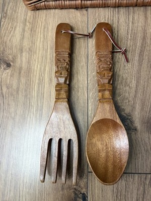 MCM Holz geschnitzt Tiki Gabel & Löffel Küche Dekor 12'' groß