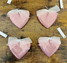 4 Pink Glitter Heart Ornaments, Ribbon bow, 3 1/4" Tall, NWT