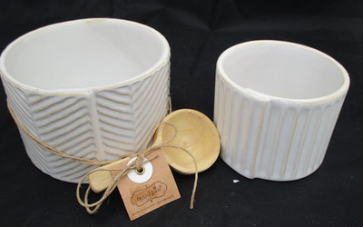 Mud Pie 2 Stoneware Nested Tidbit Dip Food Party Serving Bowls + Wooden Spoon NU