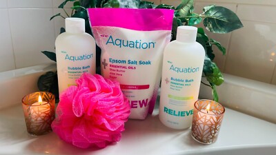 New! AQUATION 3 PCS RENEW SALT SOAK and RELEIVE BUBBLE BATH SET W/ Shea and Aloe