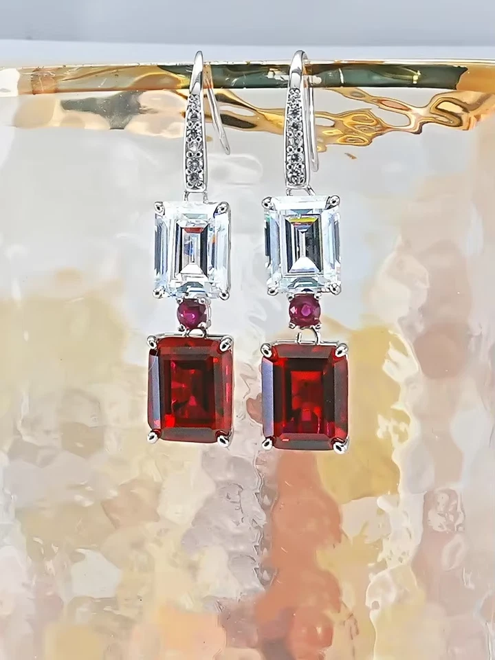 6Ct Emerald Cut Lab-Created Red Ruby Drop/Dangle Earrings 14K White Gold Plated - Image 2 of 4