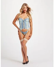 Lace & Mesh Bustier w/Lace Up Center, Garter Belt & Thong Blue