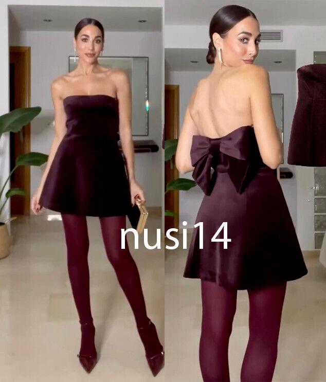 ZARA【NEW】SHORT STRETCH DRESS WITH BOW ZARA NEW WOMAN SHORT OFF-SHOULDER VELVET BOW DRESS BURGUNDY