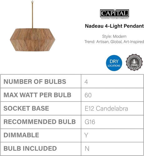 Handcrafted Mango Wood Pendant Light with Patinaed Brass, 4-Light, Modern Design - Picture 4 of 7