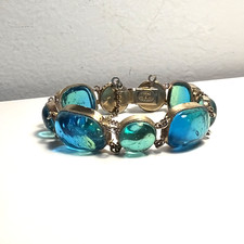 Vintage Hattie Carnegie Gripoix Poured Glass Bracelet Blue Green Chain Jewelry