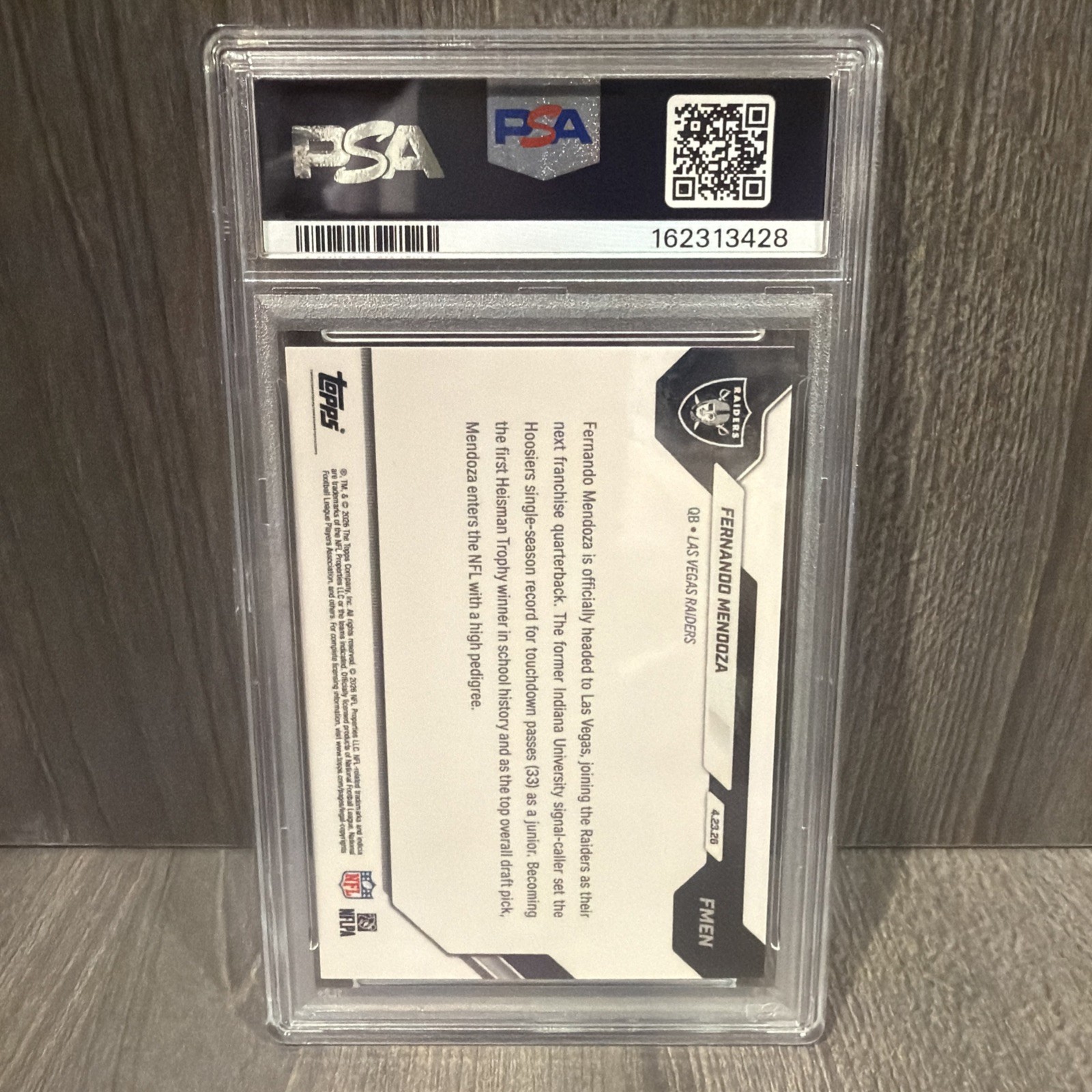 Topps 2026 Topps Now Fernando Mendoza Rookie #FMEN PSA 10 in hand RC RAIDERS view 2