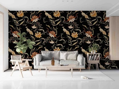 3D Floral Leaf Black Background Wall Murals Wallpaper Murals Wall Sticker - Image 1 of 4