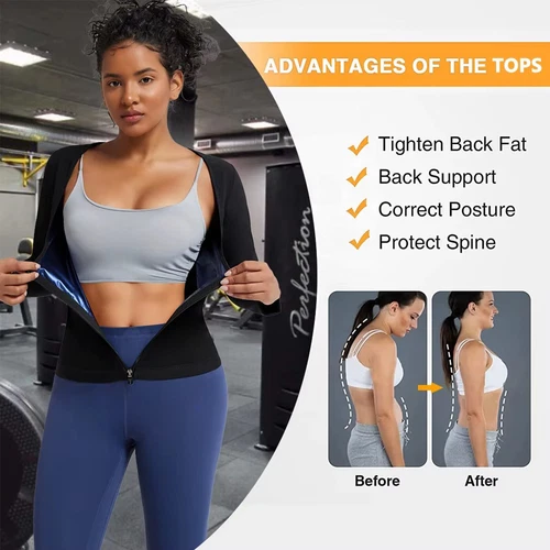 Damen Sauna Anzug Schwitzen Schlankmacher Weste Body Shaper Reißverschluss Langarm Fitnessstudio Tops - Bild 4 von 13