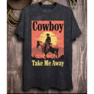 Black Vintage Mineral Wash Cowboy Take Me Away Western Graphic Oversized Tee - Main Image