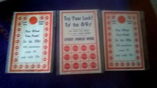 Three unused 1940-1950 PAY WHAT YOU PUSH paper PUNCH CARDS 1c to 39c only!