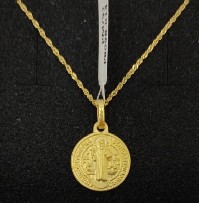 Pendente E Catena Oro 18 K 750 Medaglia San Benito Monaco Con
