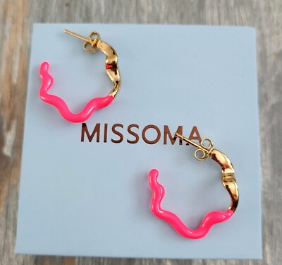 Missoma Squiggle Two Tone Neon Pink Enamel Medium Hoop Earrings, 925 Silver