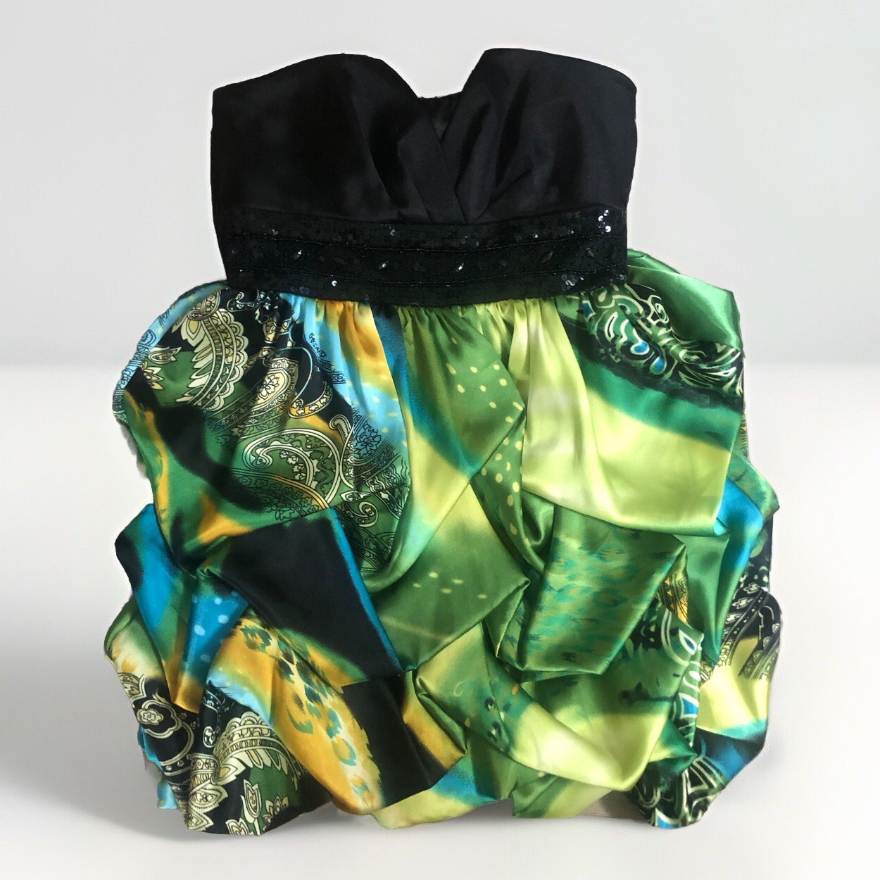 Speechless Cocktail Dress Womens/Jrs 9 Mini Strapless Black Green Yellow Ruffle-image