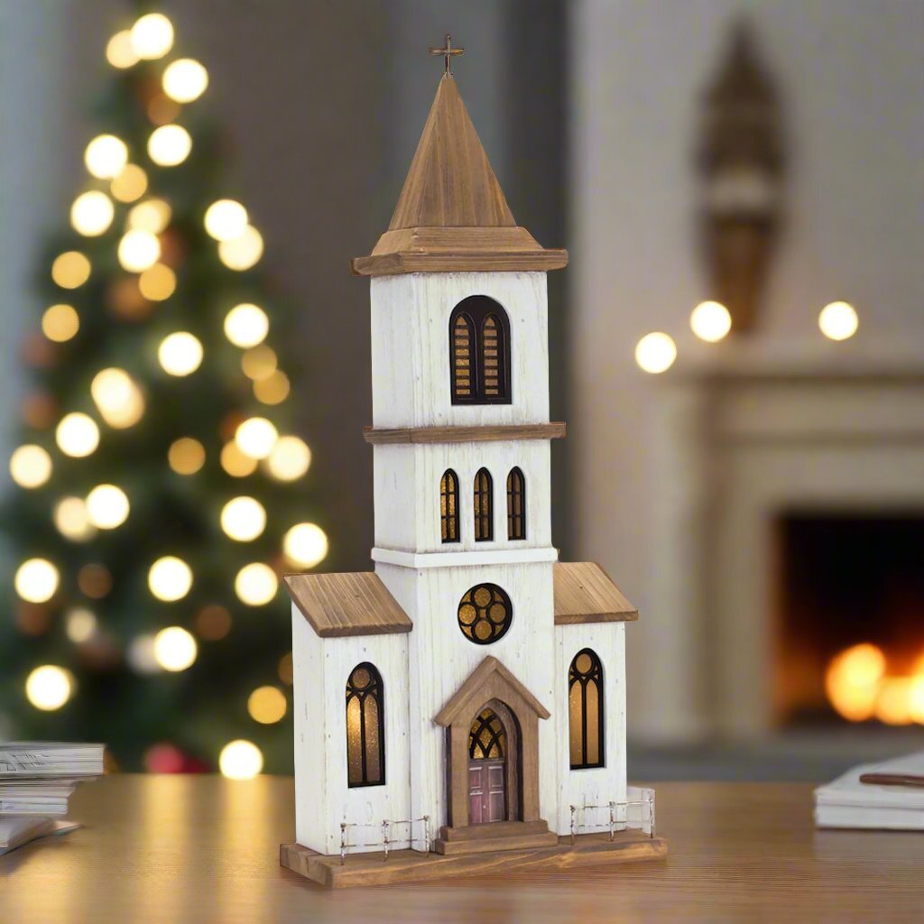 Primitive Rustic Christmas 25.25” White Wood Church Lights up