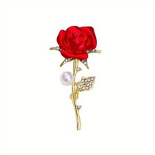 Womens Elegant Red Rose Flower Faux Pearl Rhinestone Gold Brooch Pin Accessory