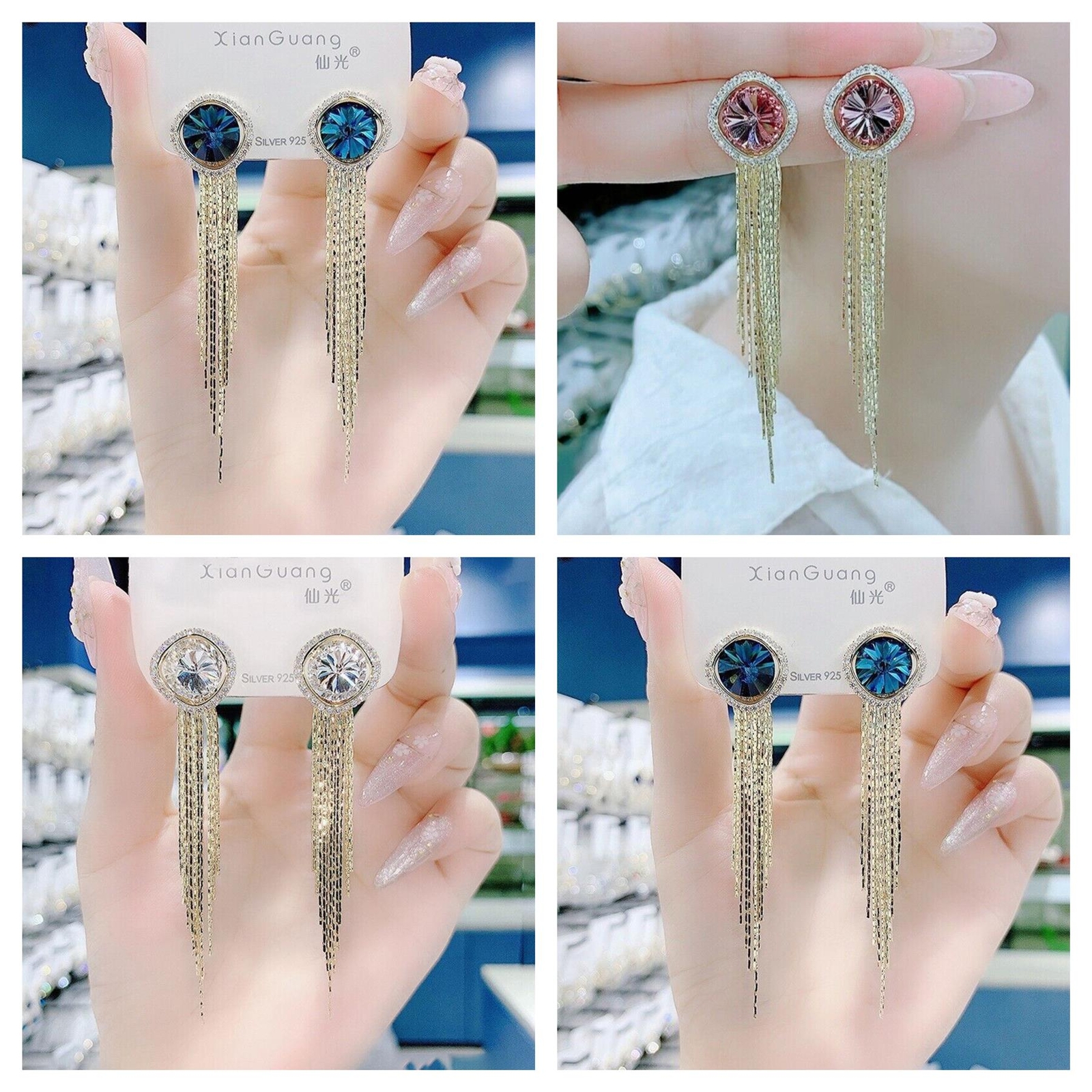 Crystal Drop Earrings Bridal Rhinestone Gold Long Tassel Dangle Stud Women Girls