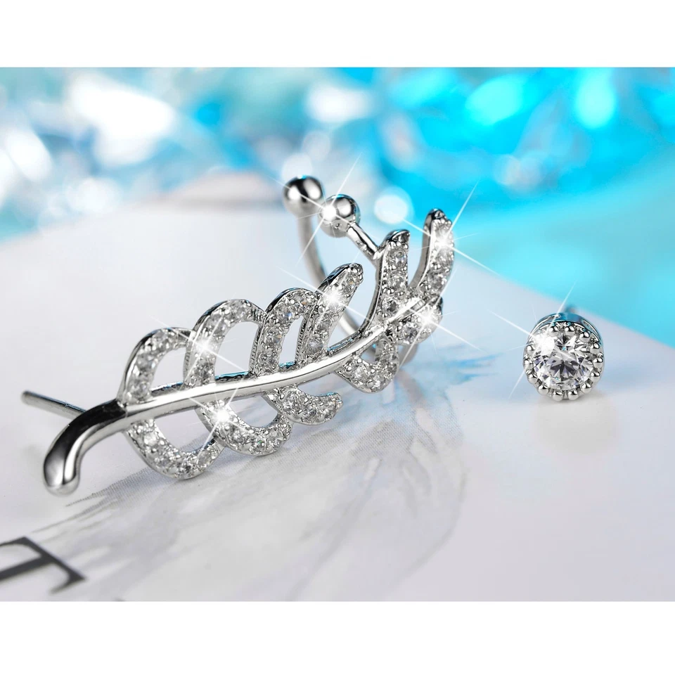 18k white gold crystal feather stud unbalanced ear climber Asymmetric earrings - Image 3 of 4