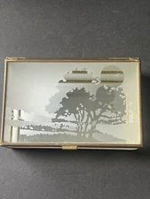 Crowning  Touch VTG Jewelry Box Mirrored Etched Glass Panel Brass Hinged Footed 