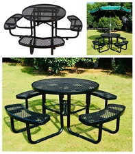 46 Inch Round Steel Expanded Picnic Table for Garden w/Umbrella Hole Heavy Duty