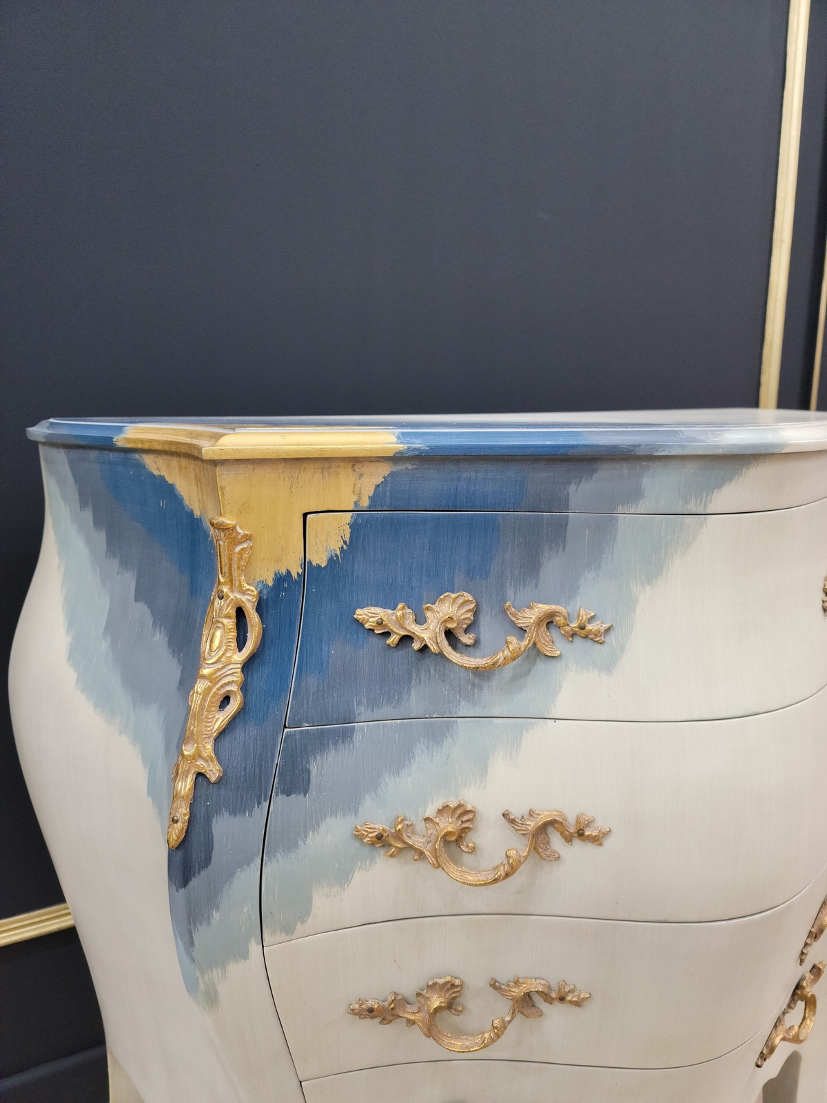 Vintage French Bombe Style, 24K Gold Leaf accent ,Solid Brass Trim, Chest of