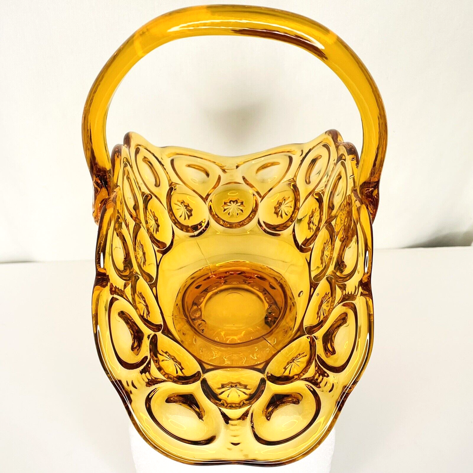 LE Smith Basket Art Glass Amber Moon & Stars Applied Handle Red Orange