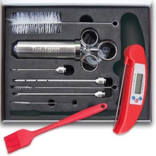 BBQ Marinade Meat Injector Syringe Stainless Steel 3 Needles Thermometer Brush