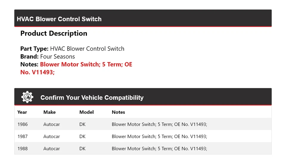 For 1986-1988 Autocar DK HVAC Blower Control Switch 4 Seasons 1987 - Image 2 of 4