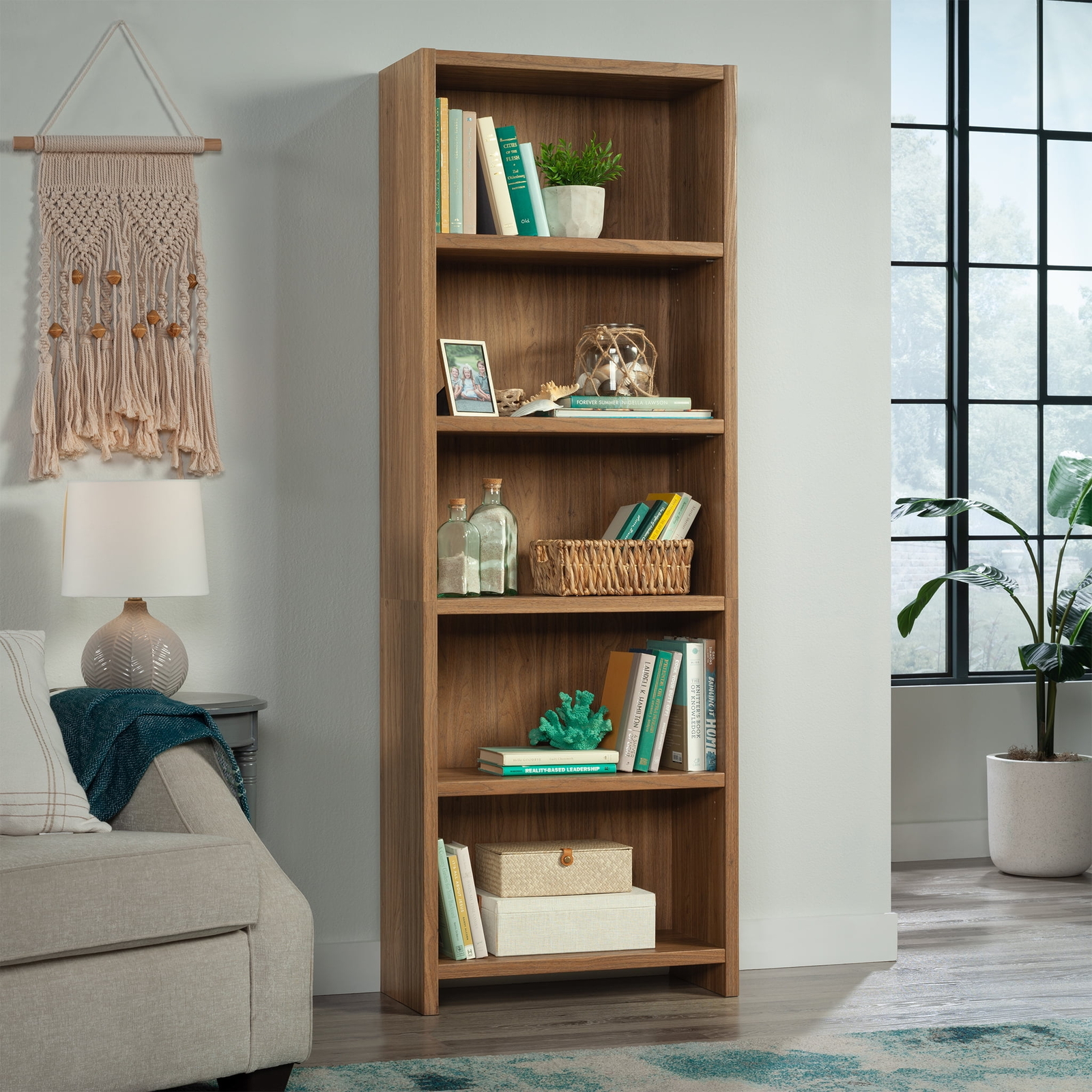Mainstays Westley 5-Shelf Walnut Bookcase for Home Storage