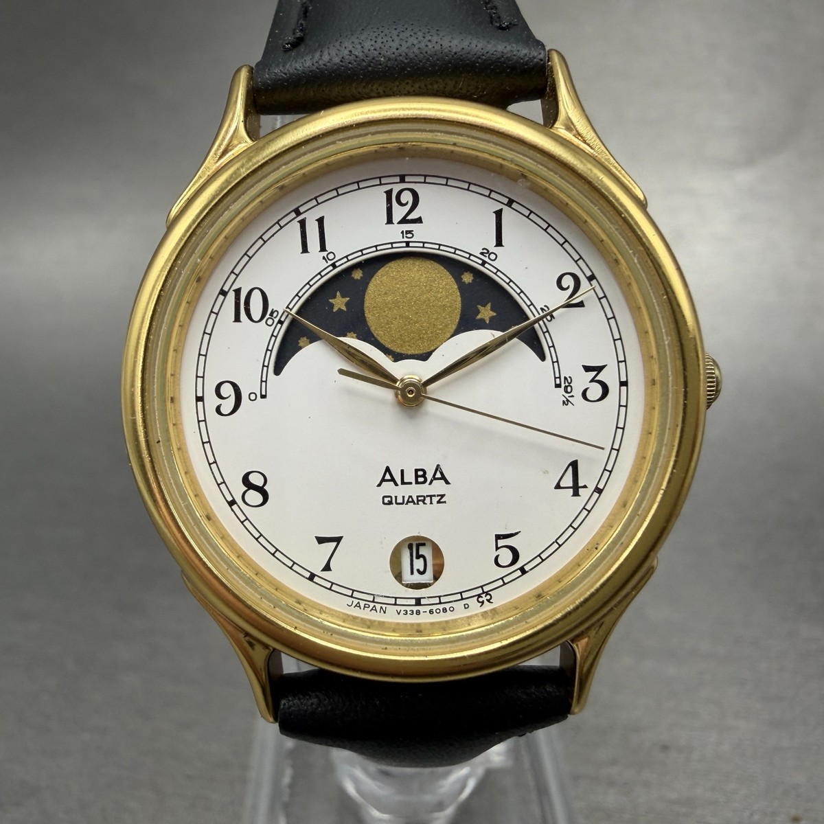 Seiko ALBA Moon Phase Watch Men 31mm White Dial Gold Tone Round