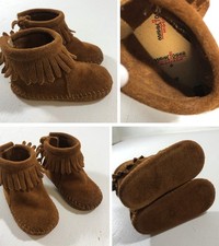 MINNETONKA Toddler Suede Leather Moccasins Sz 4 Brown Booties Fringe Soft Sole
