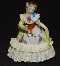 Volkstedt Dresden Lace Porcelain Standing Lady in White with Paper List Germany