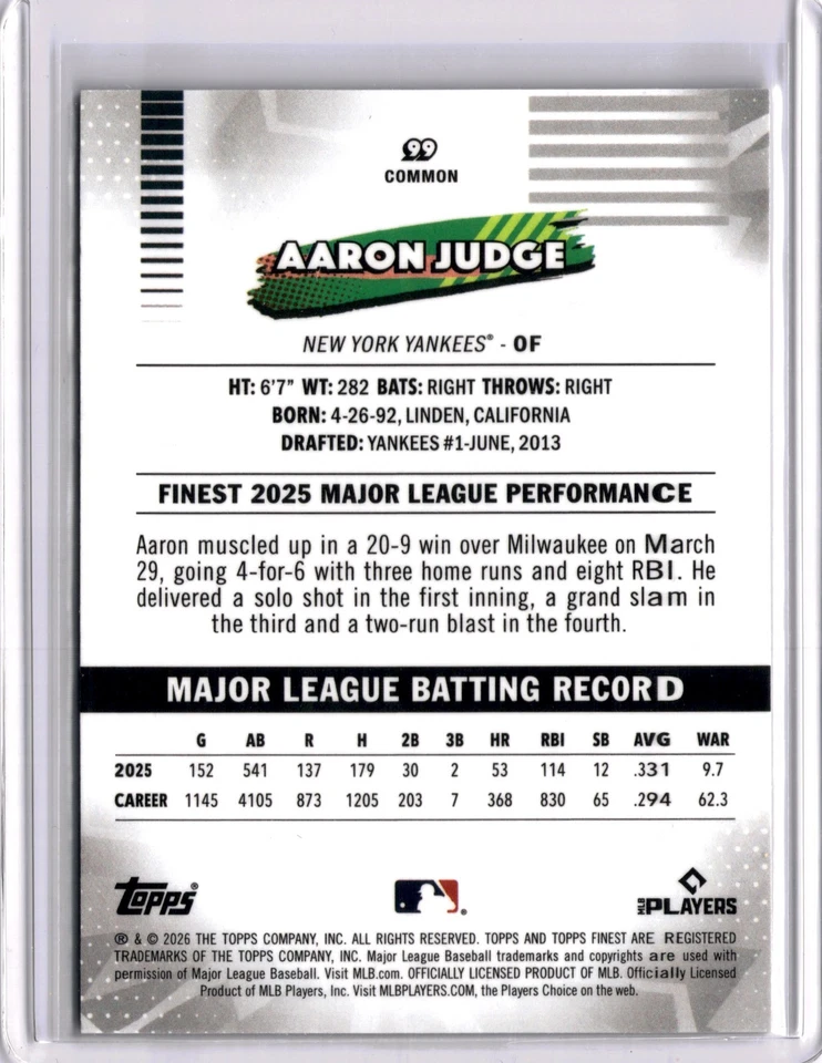 Aaron Judge /75 - New York Yankees - Topps MLB Finest 2026 - Bild 2 von 2
