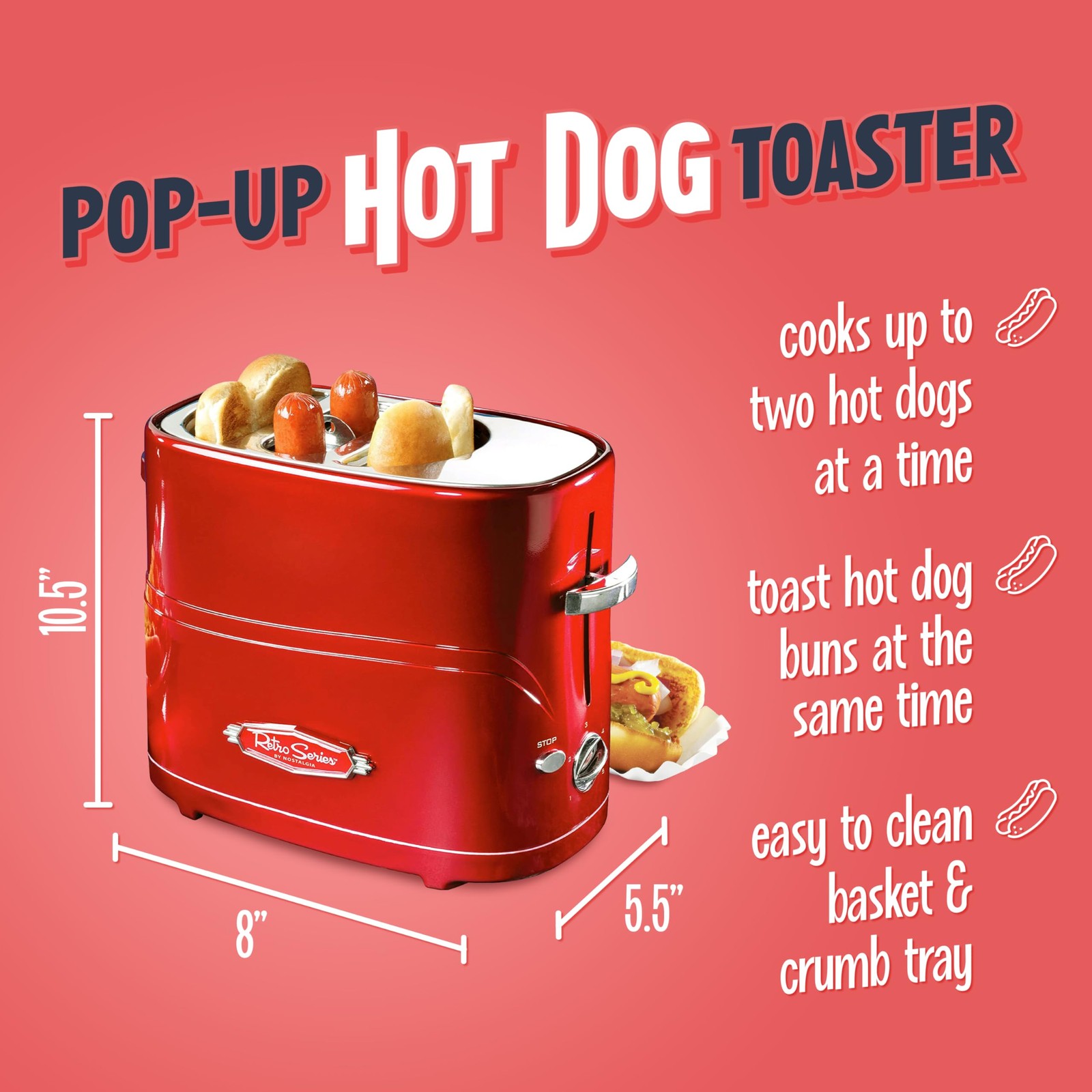 Nostalgia 2 Slot Hot Dog and Bun Toaster with Mini Tongs, Retro Toaster, Cooker 