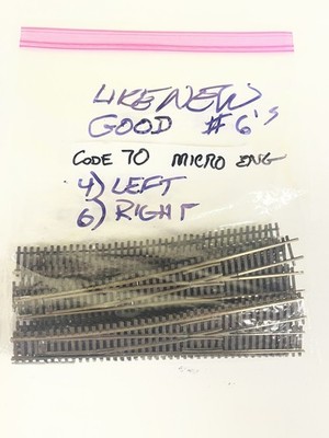 Micro Engineering N Scale, Code 70. #6 Turnouts, 4) LH & 6) RH. Used.