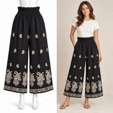 Anthropologie Wide Leg Pants Women M Black Paisley Embroidered Smocked High Rise