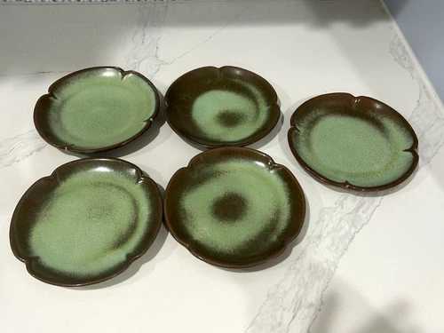 5 Frankoma Pottery Plainsman Prairie Green Dessert Plates 5GS Scalloped