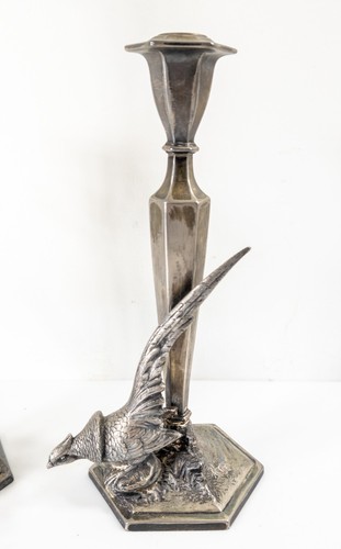 Antiguo par de candelabros Weidlich Bros figurativos pájaro faisán placa de plata Rus - Imagen 4 de 17