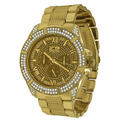 New White Cz On Yellow Gold Tone Finish w/ Yellow Face ''Curio'' Custom Watch