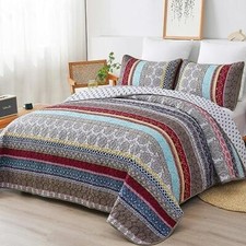 Boho Quilt Set Size, Brown Bohemian 3 Pieces Quilt Bedding Queen Brown Red