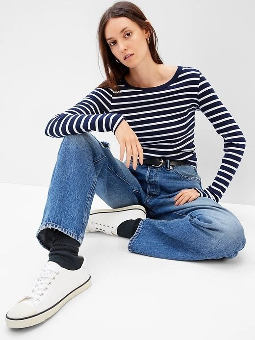 GAP Favorite Crew Neck T-Shirt Navy Blue & White Stripe Long Sleeve NEW XS-XL
