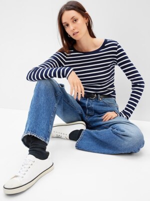 GAP Favorite Crew Neck T-Shirt Navy Blue & White Stripe Long Sleeve NEW XS-XL