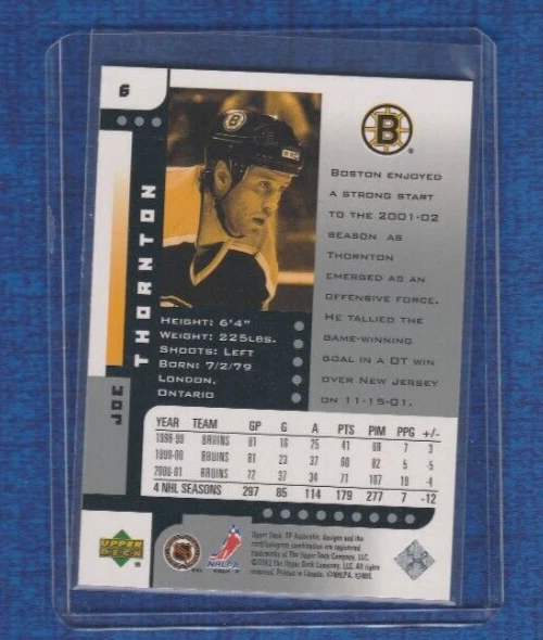 2001-02 Upper Deck SP Authentic Hockey # 6 Joe Thornton - Image 2 of 2