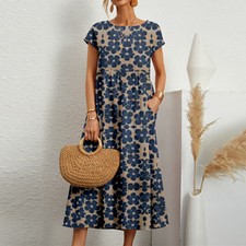 Womens Boho Floral Maxi Dress Ladies Casual Loose Holiday Short Sleeve-Sundress
