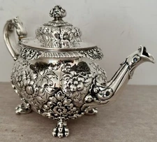 EXCEPTIONAL DOMINICK HAFF STERLING HAND CHASED REPOUSSE PAW FOOTED TEAPOT 1894
