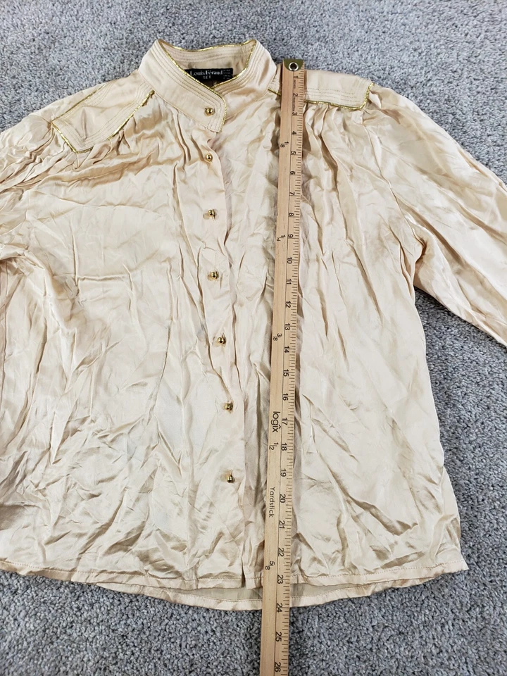 Blusa de seda con botones Louis Feraud para mujer talla 14 ribete metálico dorado Foto 3 de 4