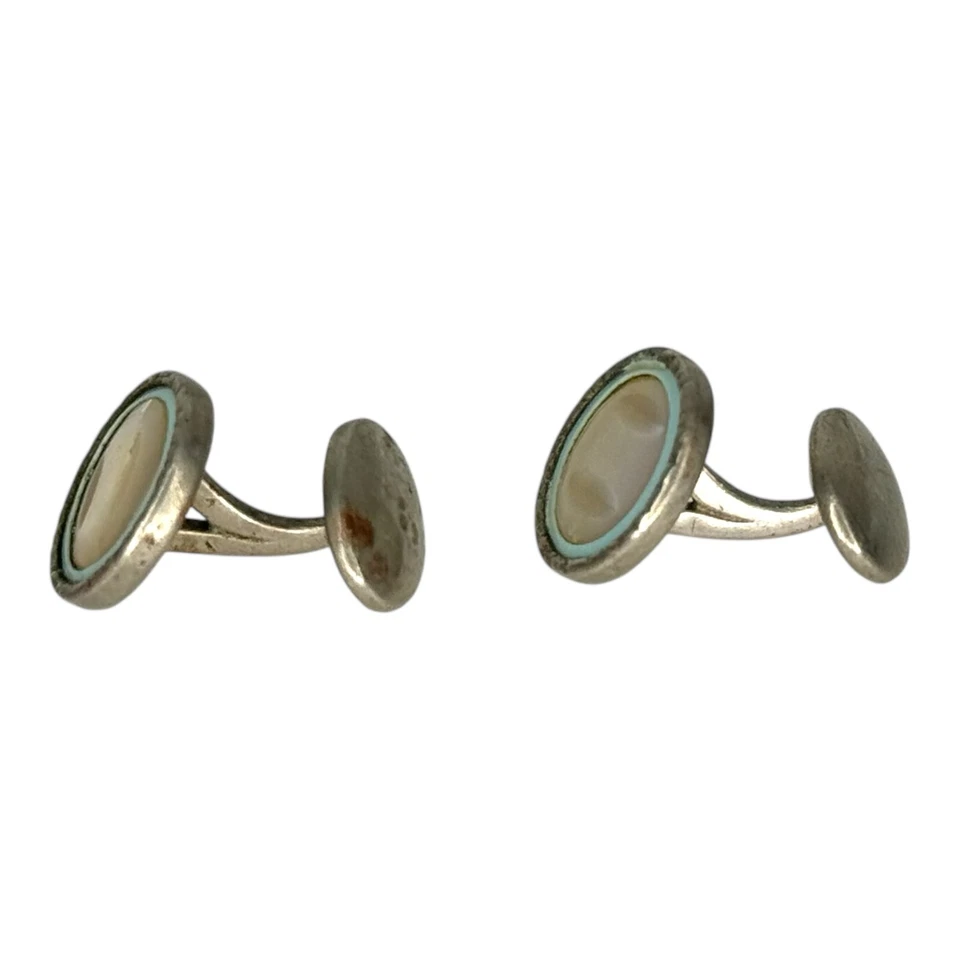 Antique Round Silver Tone Mother of Pearl Art Deco Vintage Cufflinks - Image 4 of 4